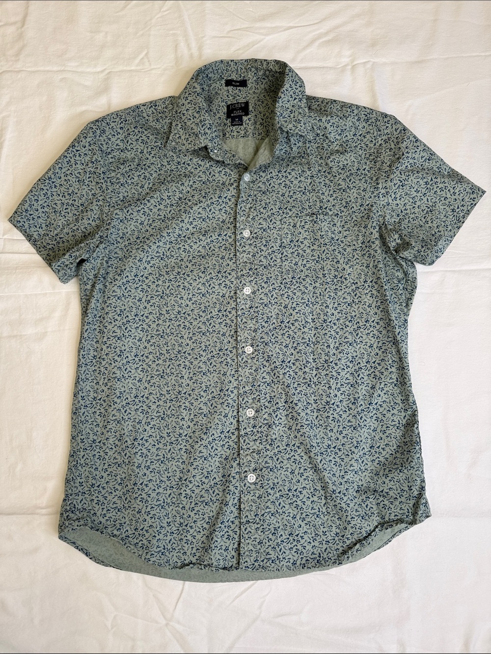 J. Crew Men’s Short-Sleeve Button-Down Shirt - Light Green with Navy Print